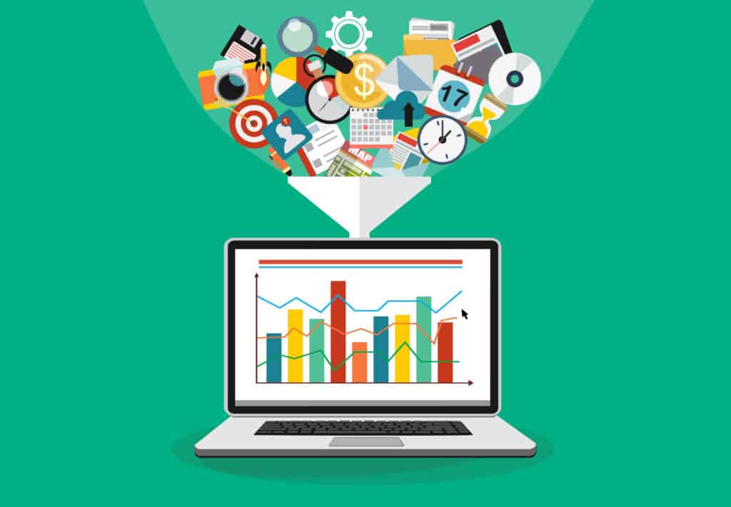 Laptop displaying colorful bar chart with business analytics icons flowing from screen on green background