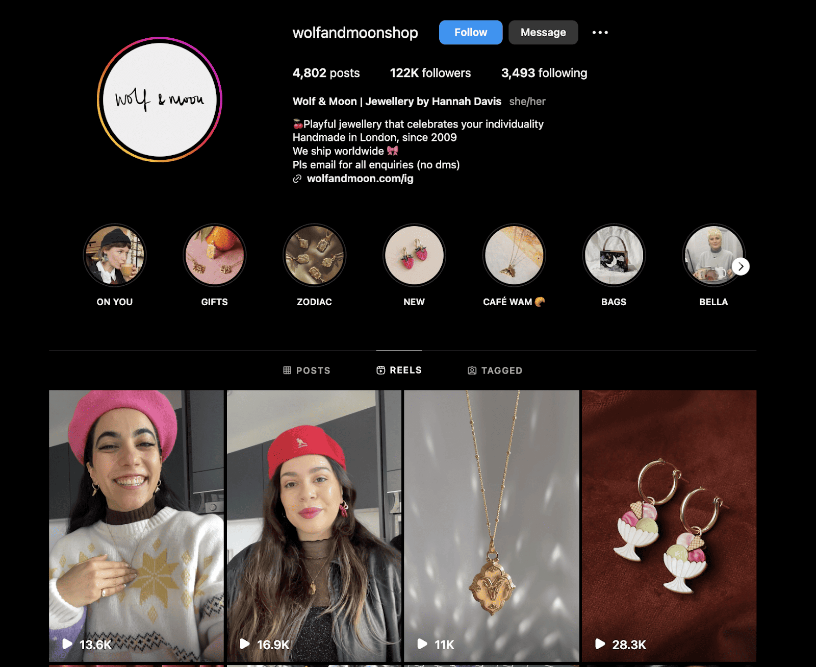 Wolf and Moon jewelry Instagram profile by designer Hannah Davis showing collections