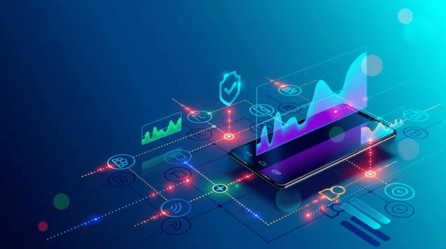 3D smartphone displaying colorful analytics charts and security icons on digital network