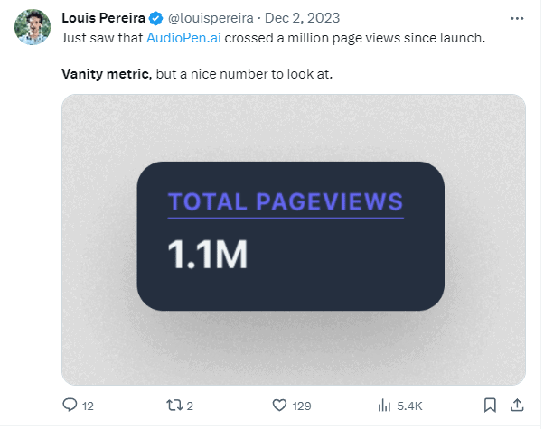 AudioPen.ai total pageviews metric showing 1.1 million views milestone achievement