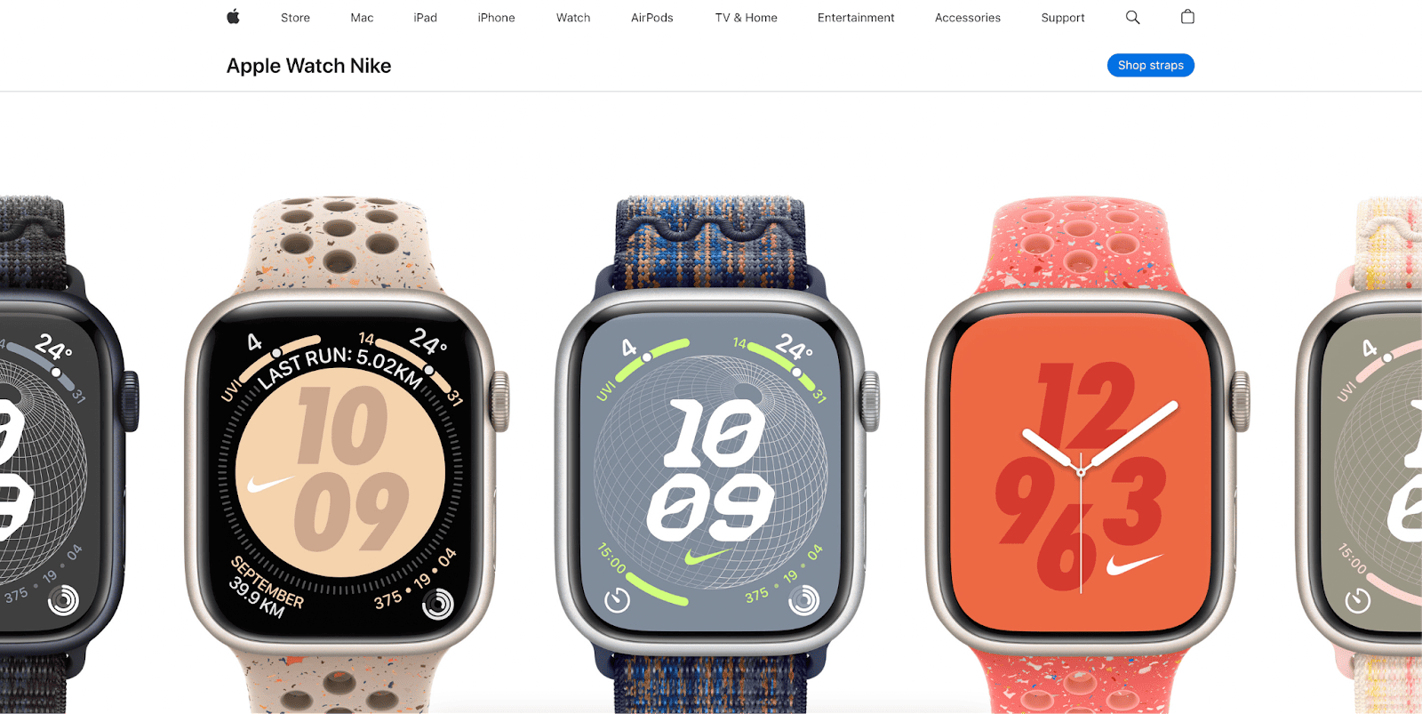 Apple Watch Nike models with various colorful sport straps and watch faces displayed