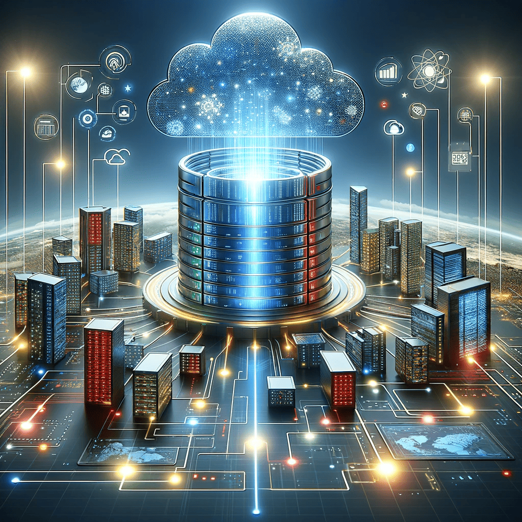 Digital illustration of glowing cloud and database with surrounding city buildings and technology icons representing cloud computing infrastructure and data management.
