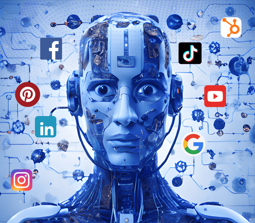 Digital robot head surrounded by social media icons and network connections in blue tones