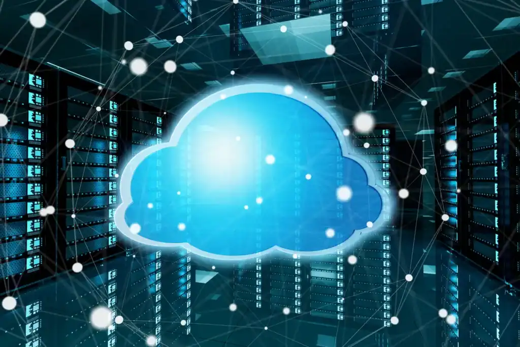 Glowing blue cloud icon surrounded by server racks and connected network nodes