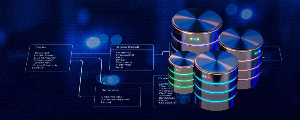 Glowing database cylinders with illuminated bands connected to schema diagrams on dark blue background