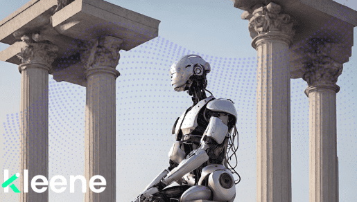 Humanoid robot sitting between classical ancient columns against sky background