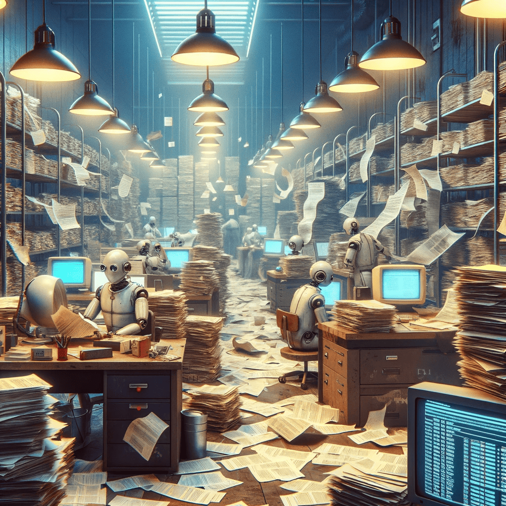Robots working in a cluttered futuristic office with scattered papers and neon lighting