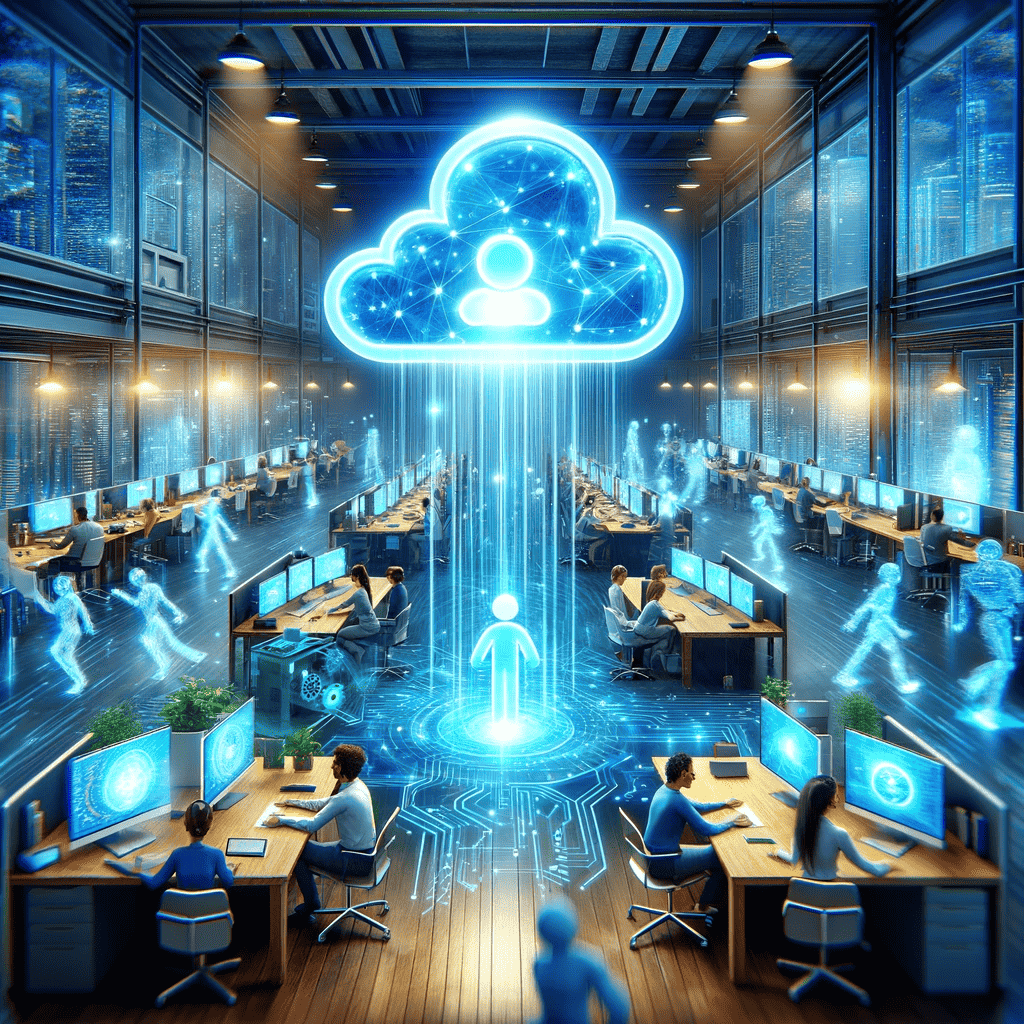 Futuristic office with glowing neon cloud and user icon connecting digital data flows