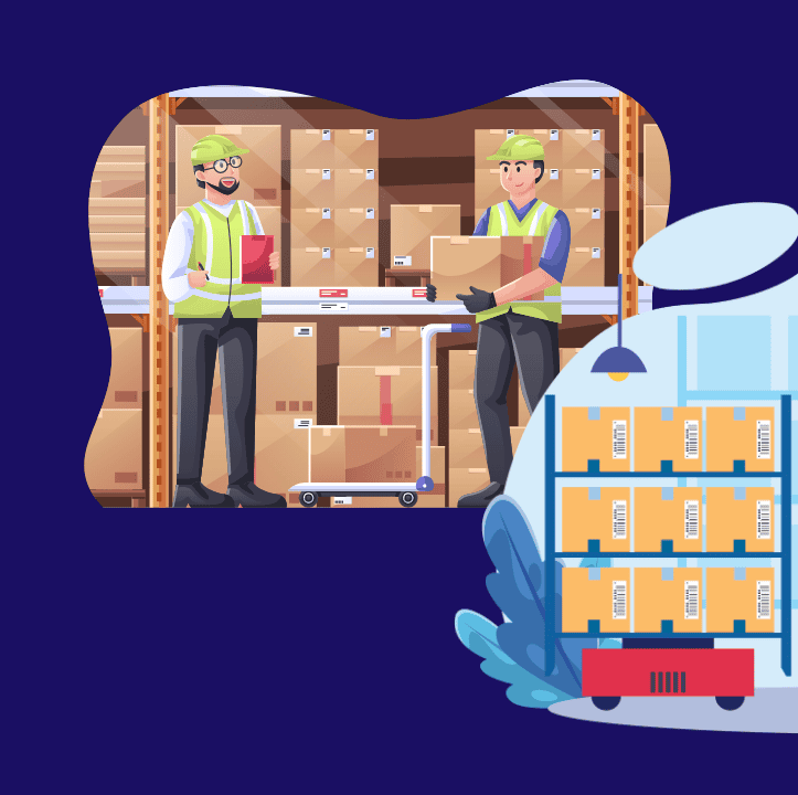 Warehouse workers in safety gear organizing cardboard boxes and packages for shipping and delivery.