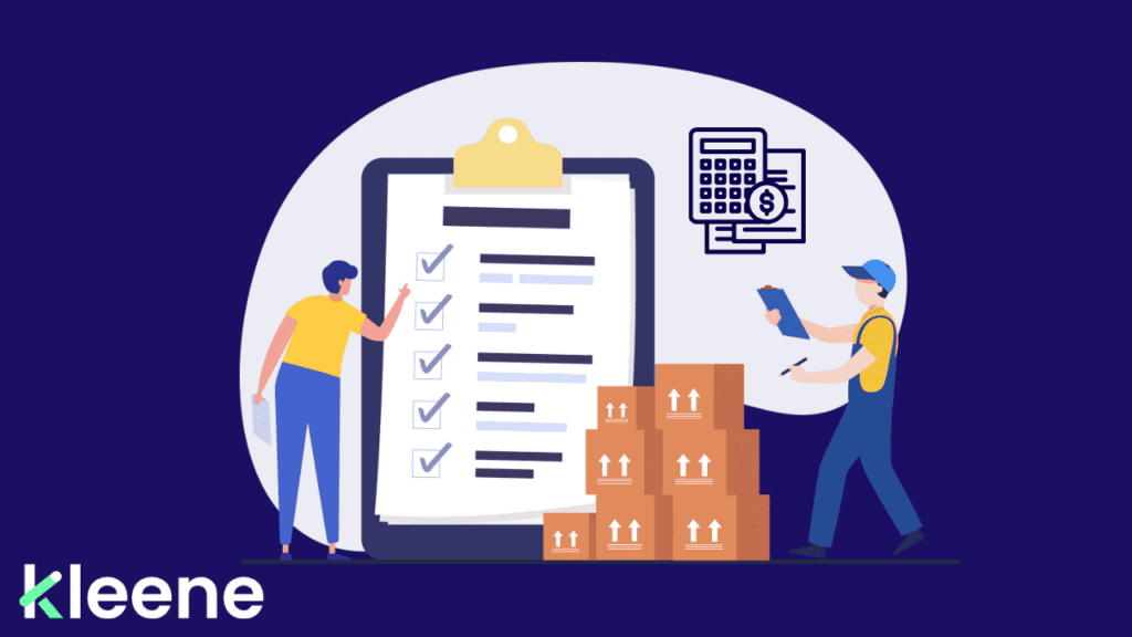 Warehouse workers managing checklist, packages, and budget planning with calculator icons.