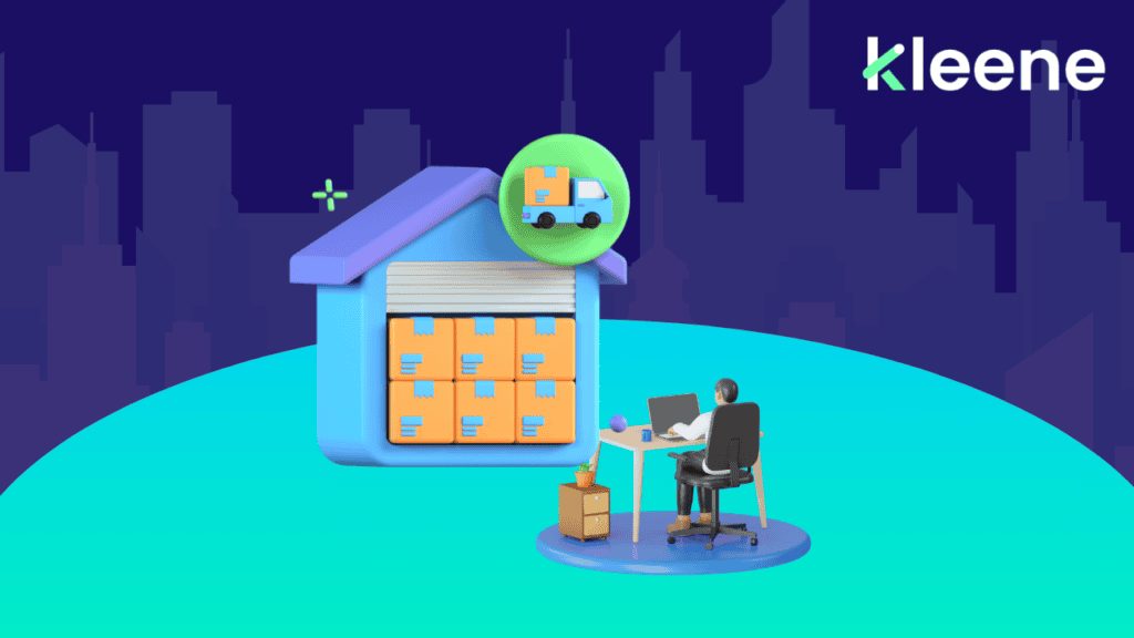 Kleene logo with illustration of person managing packages at delivery storage unit