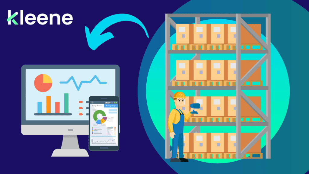 Kleene analytics dashboard showing warehouse worker managing inventory with data charts