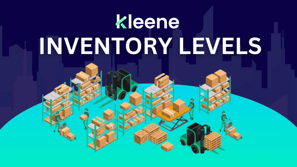 Kleene inventory levels illustration with warehouse shelves, cardboard boxes, and forklift operators