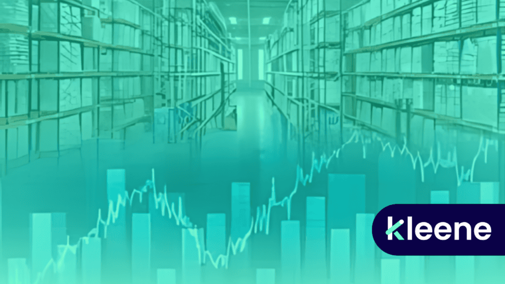 Warehouse interior with stock market charts and trading data visualization overlay