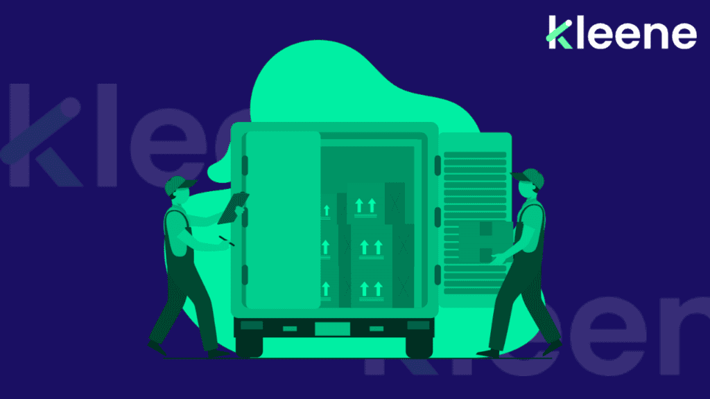 Two workers moving a large turquoise delivery truck with upward arrows and Kleene logo