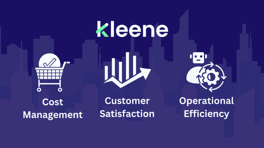 Kleene platform featuring cost management, customer satisfaction, and operational efficiency icons.