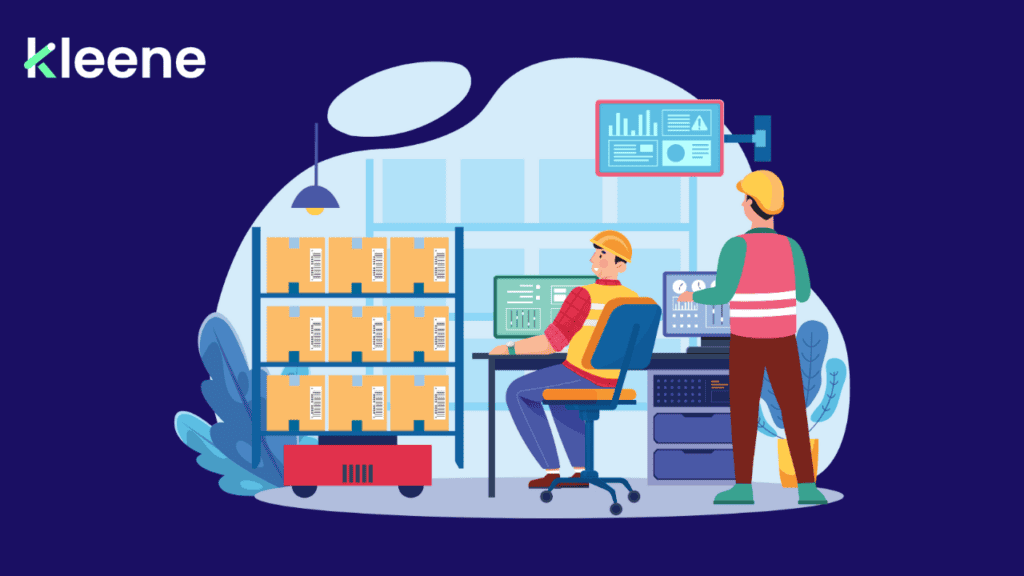 Kleene warehouse management illustration with workers, shelves, packages, and data analytics dashboard
