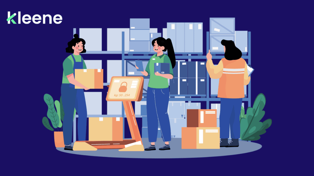 Kleene warehouse workers managing boxes and packages in storage facility