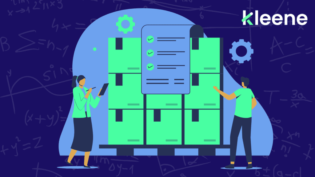 Two workers managing project tasks on kanban board with checklist and gears