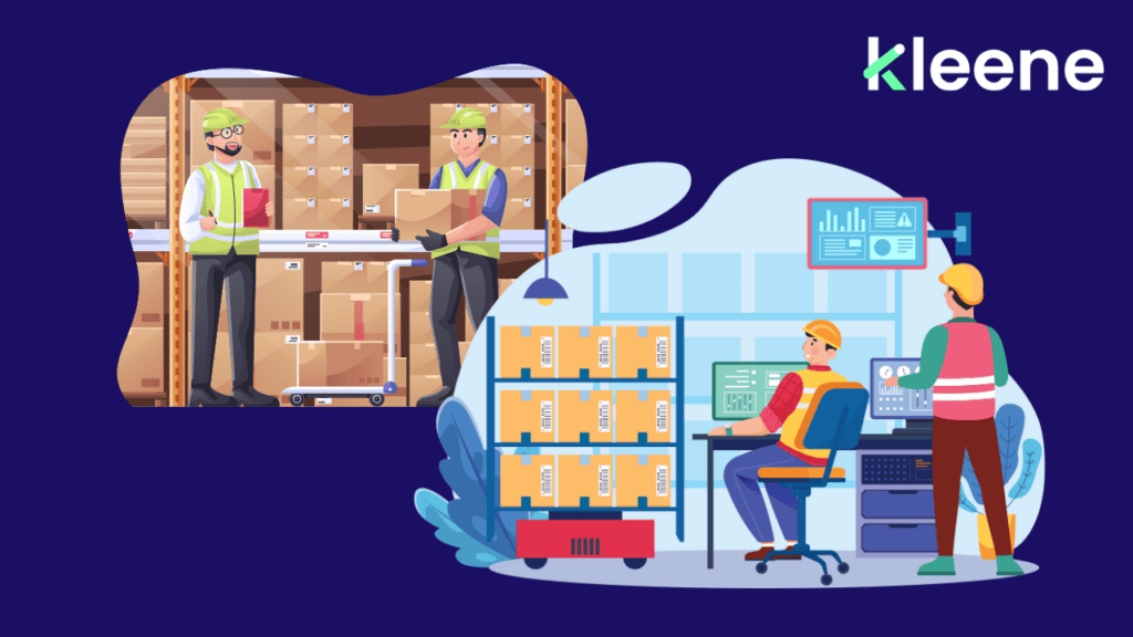 Warehouse workers managing inventory with boxes, packages, and logistics monitoring dashboard