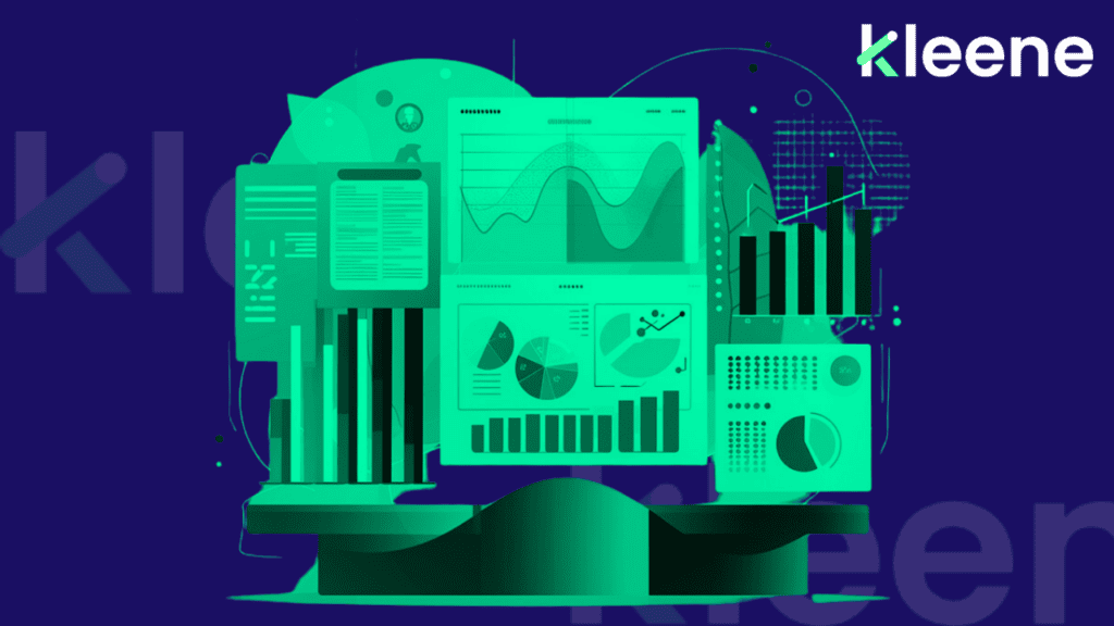 Kleene analytics dashboard with charts, graphs, and data visualizations on dark background