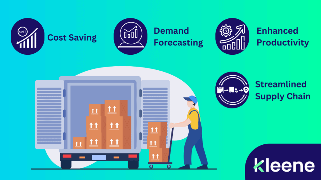 Supply chain logistics illustration showing benefits: cost saving, demand forecasting, enhanced productivity, and streamlined supply chain