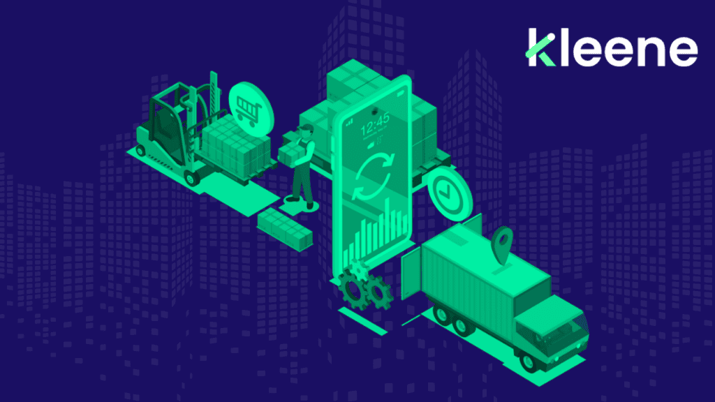 Kleene app isometric illustration of logistics, mobile commerce, and delivery services.