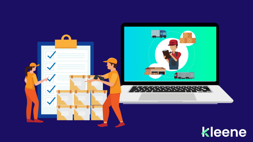 Delivery workers organizing packages with checklist and logistics monitoring on laptop screen