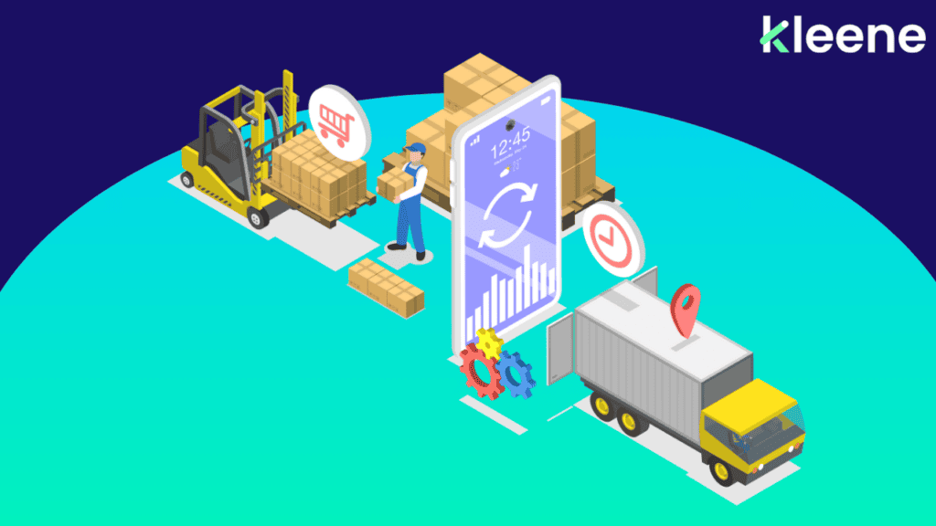 Isometric illustration of supply chain management with forklift, packages, phone app, and delivery truck.