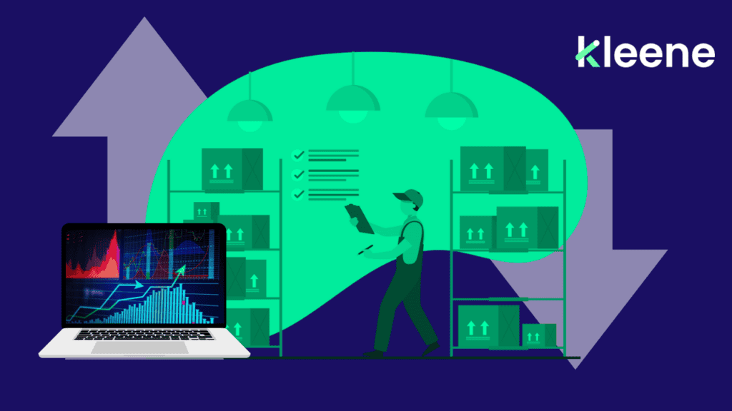 Person managing inventory with analytics dashboard and Kleene warehouse management visualization