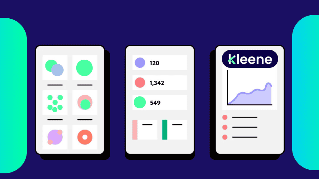 Three mobile app screens showing data visualization with colorful charts, graphs, and numerical analytics.