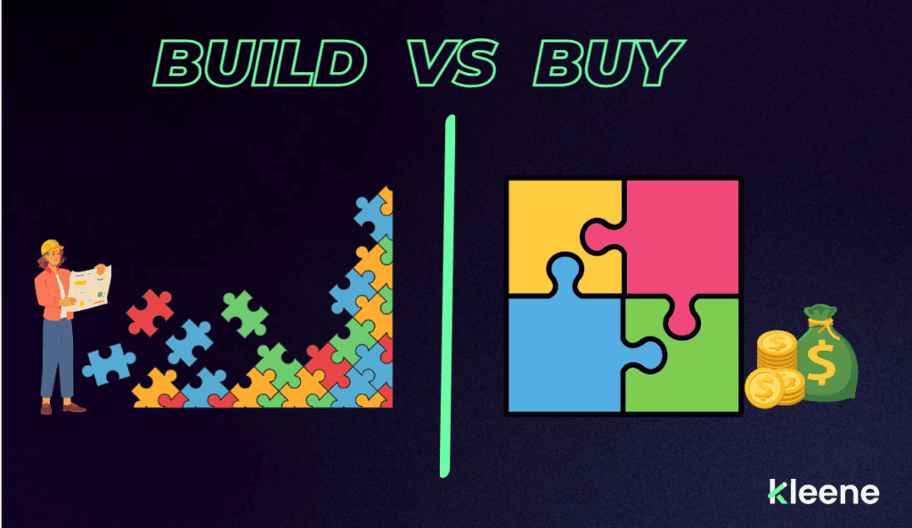Build vs Buy comparison: person with plans and puzzle pieces versus completed puzzle with money icons