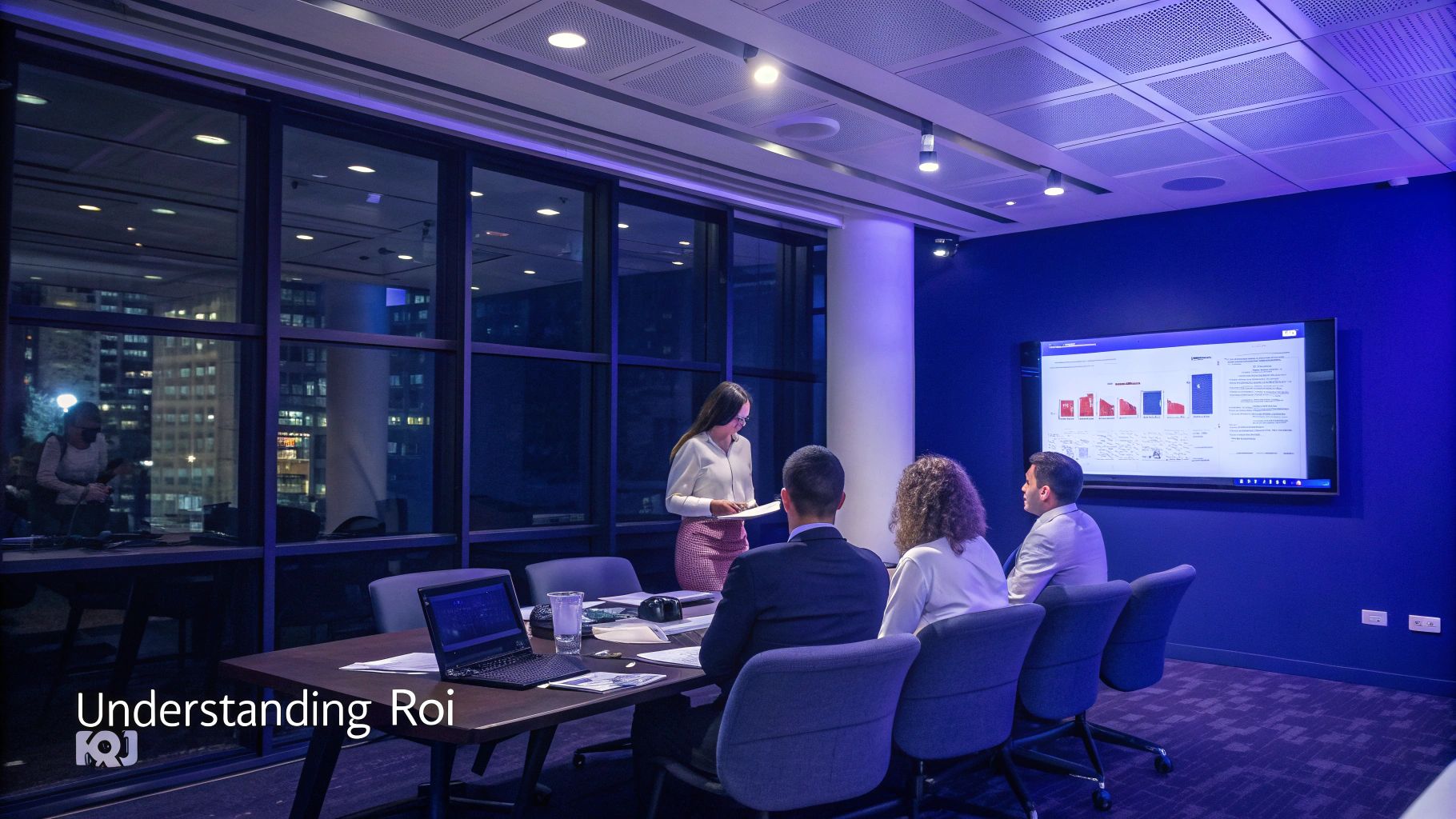 Business team in modern conference room presenting data analytics on wall screen