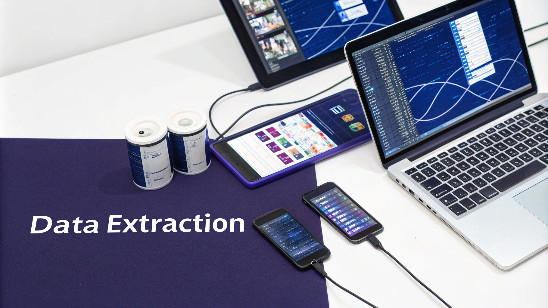 Multiple devices displaying data extraction analytics and code with "Data Extraction" text