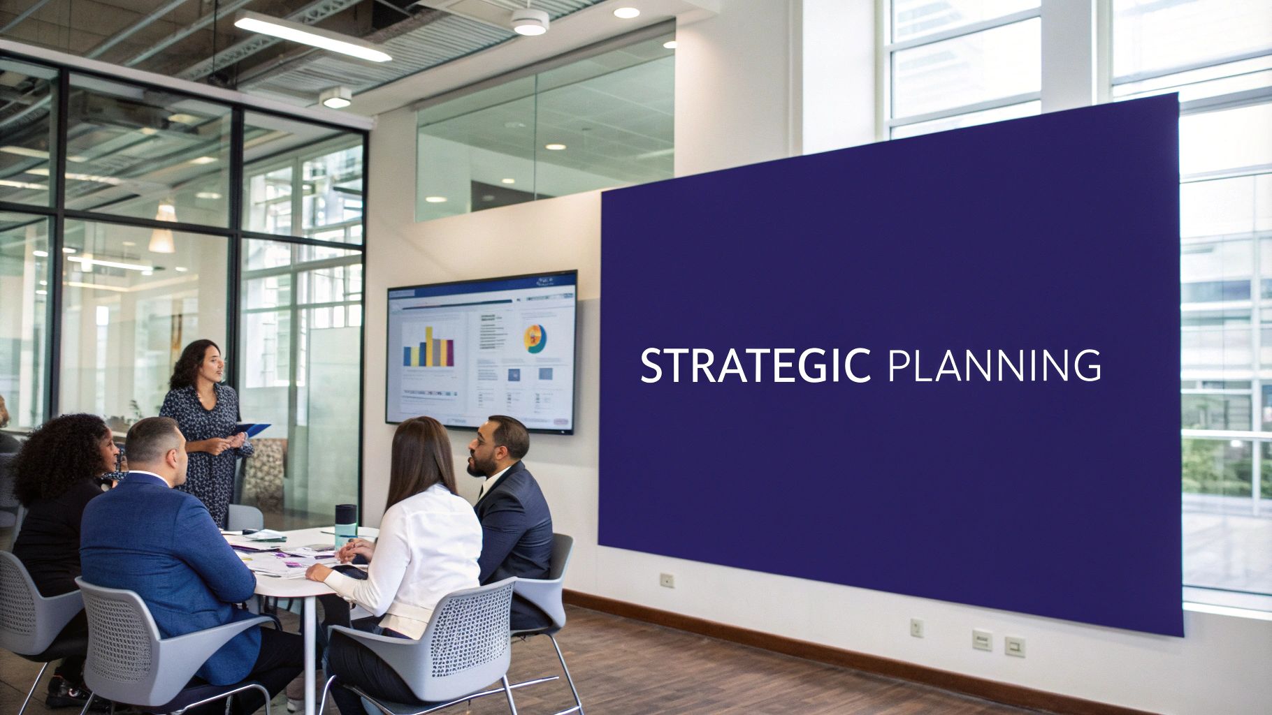 Business team discussing strategic planning around a conference table with data charts