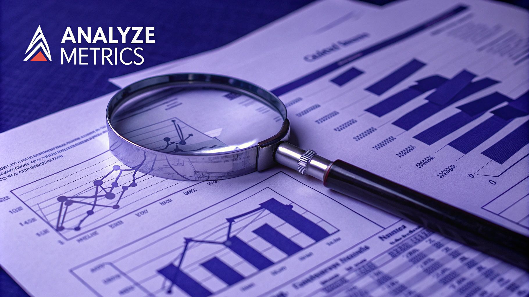 Magnifying glass on analytics reports with charts and graphs for data analysis