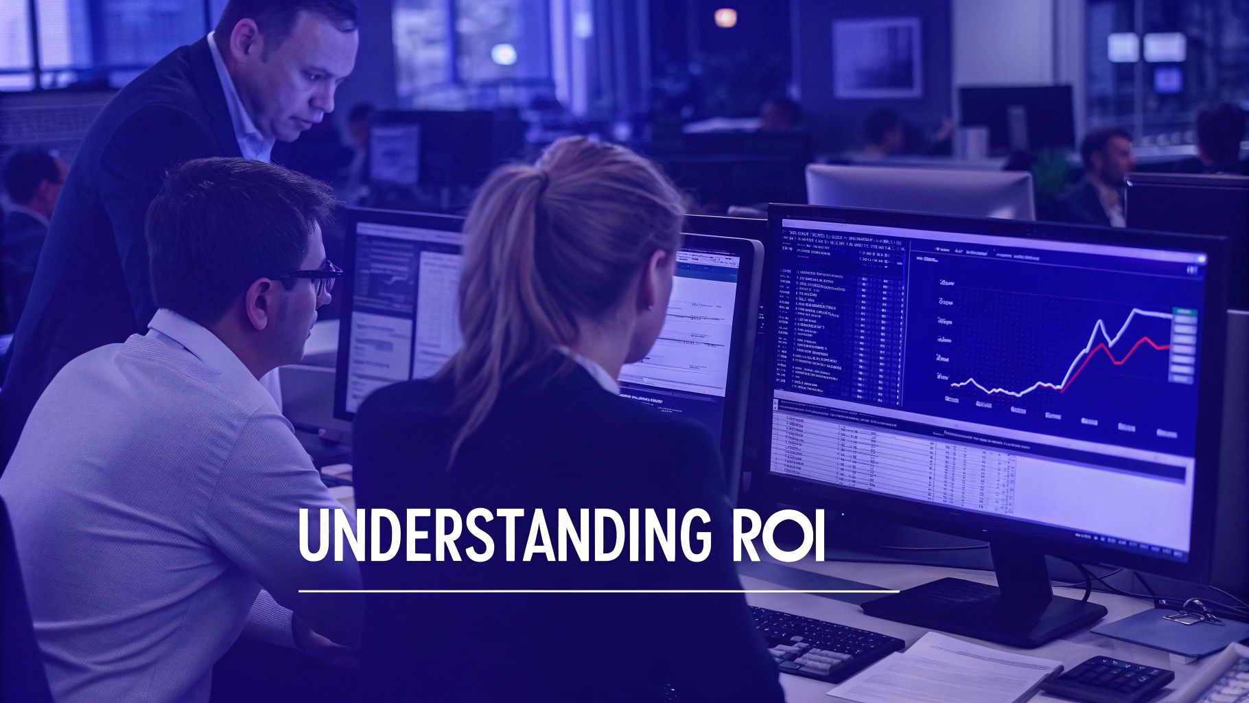 Business team analyzing financial data and trading charts on multiple computer monitors