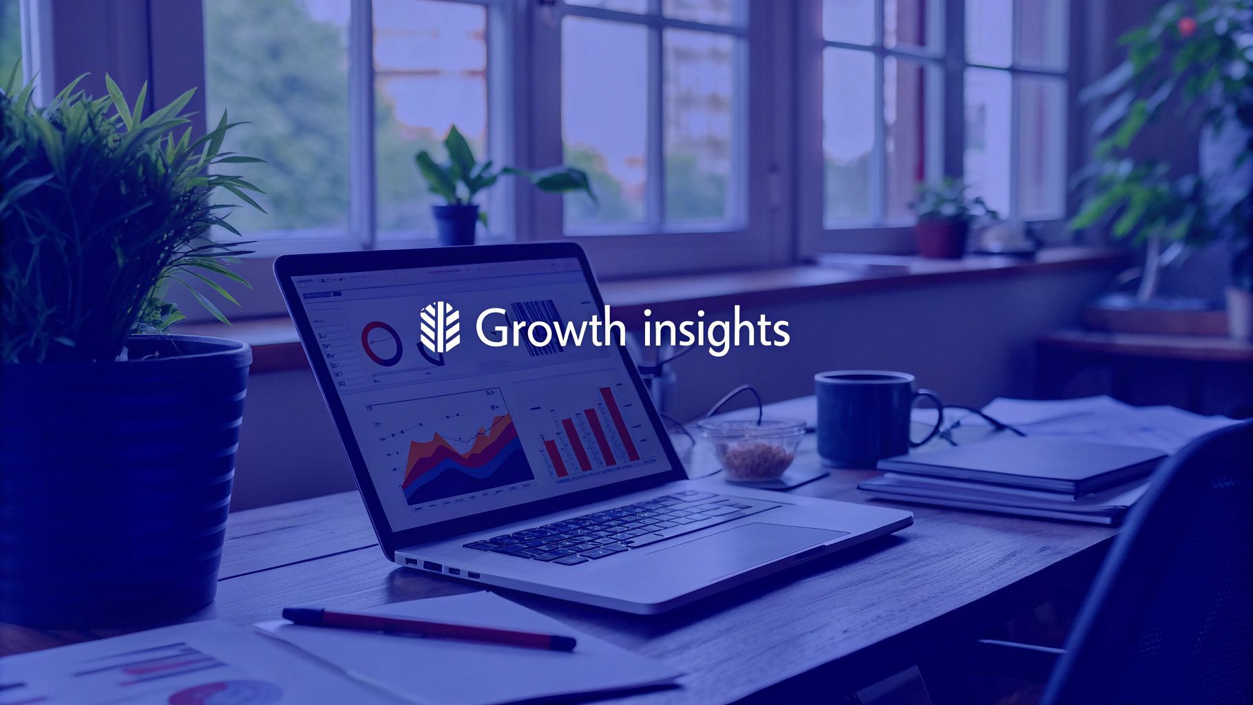 Laptop displaying Growth Insights analytics dashboard on office desk with plants