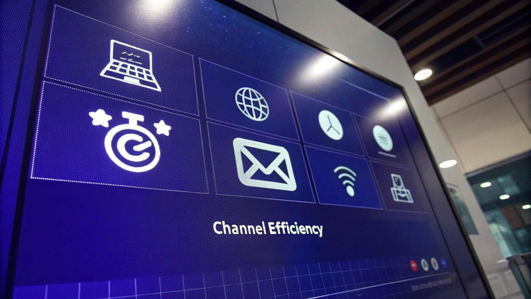 Digital display showing channel efficiency icons including laptop, globe, envelope, and wireless symbols on blue background