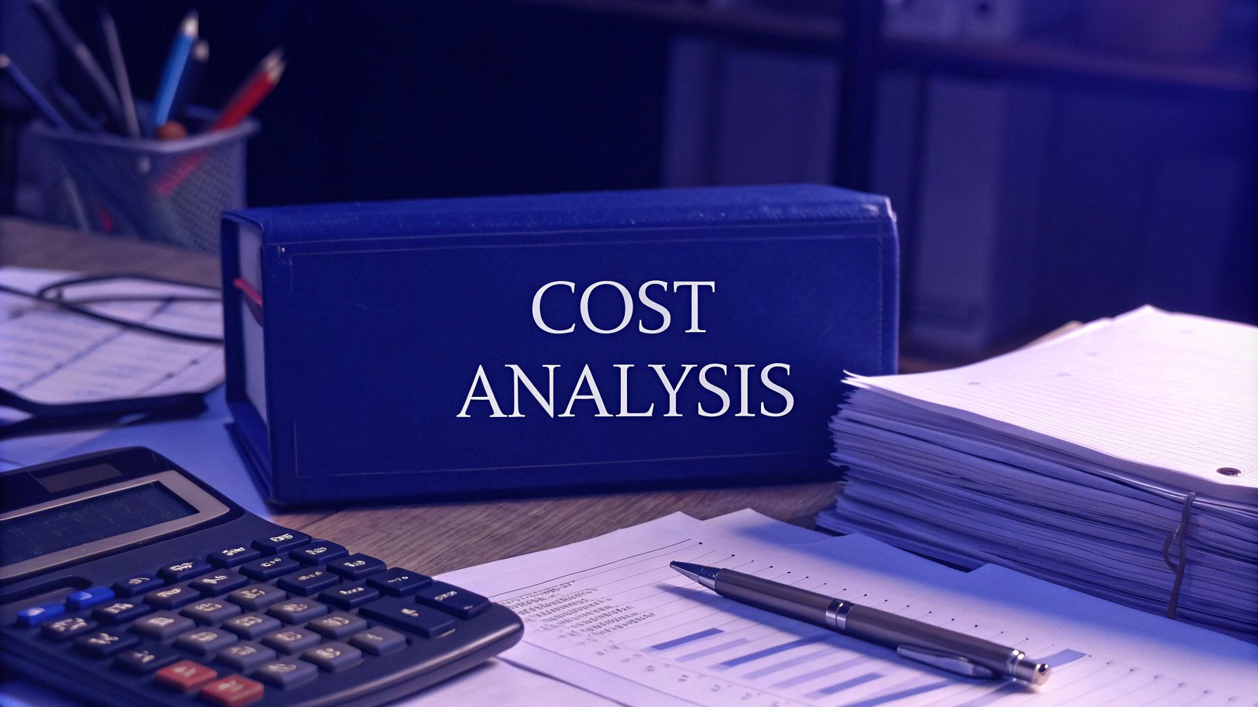 Blue book titled "Cost Analysis" on desk with calculator, pen, and papers