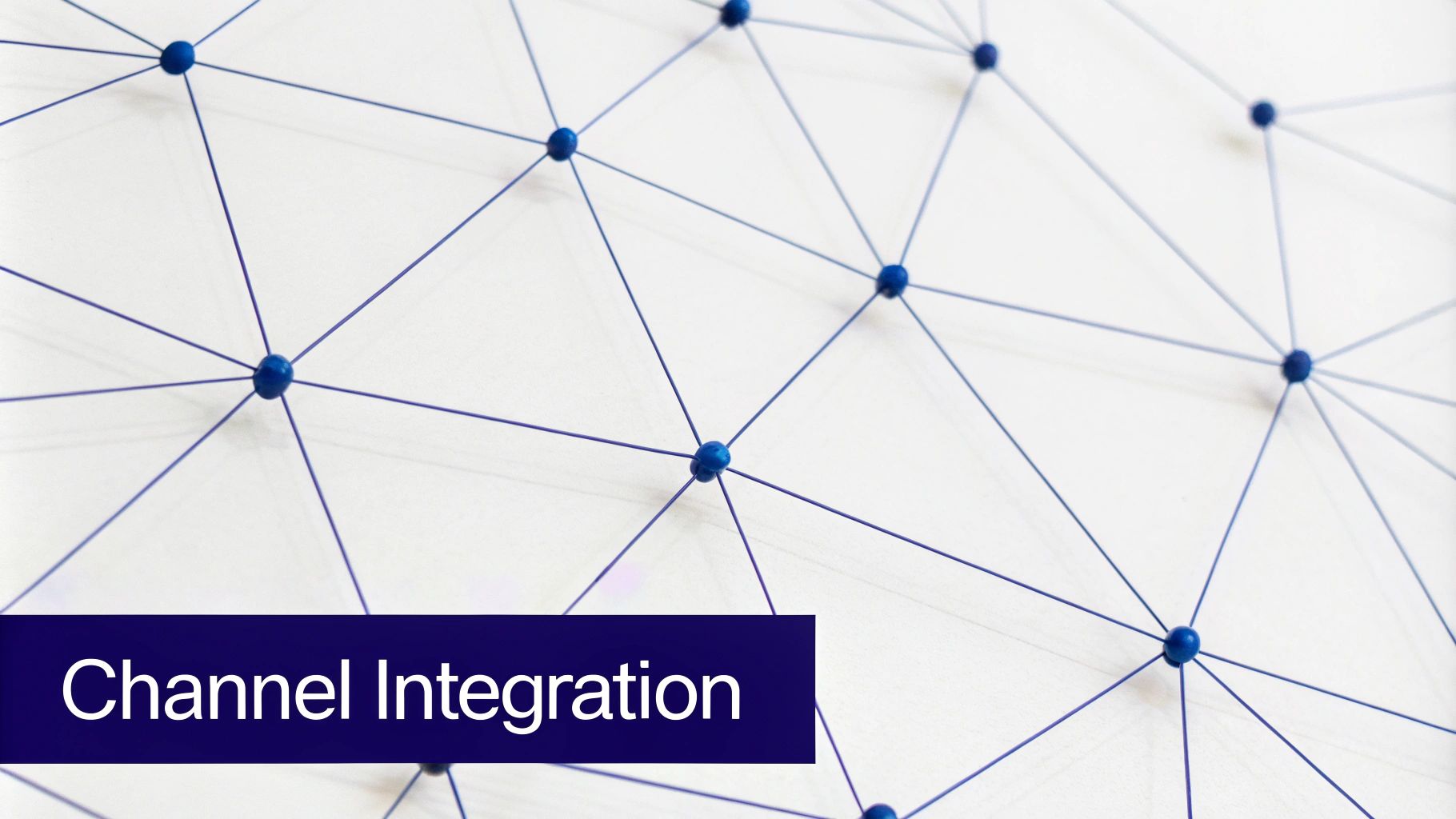 Blue connected network nodes representing channel integration and data connectivity