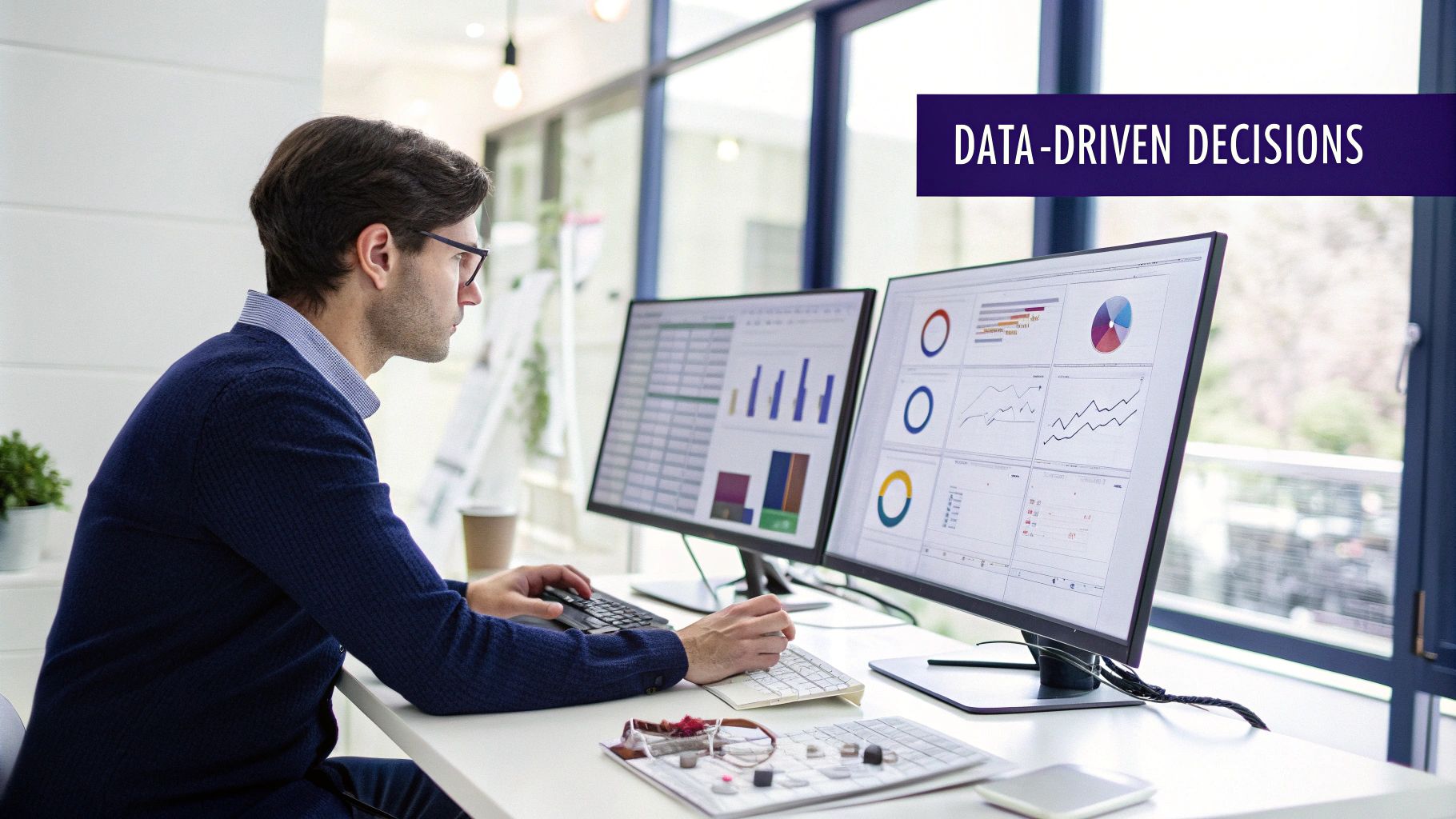 Man in office analyzing data visualizations on dual monitors displaying charts and analytics