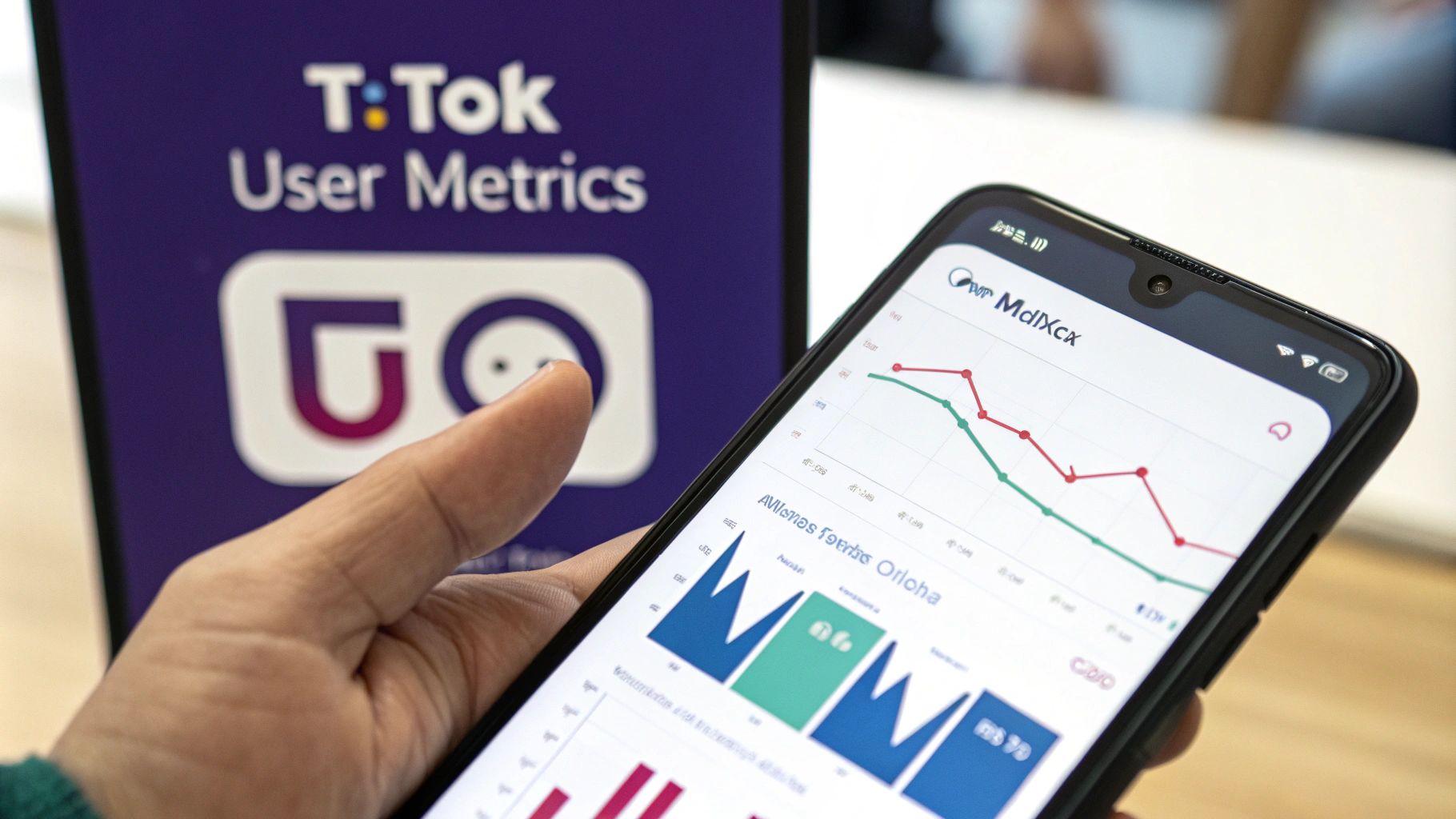 Hand touching TikTok User Metrics display on screen with analytics charts and graphs visible