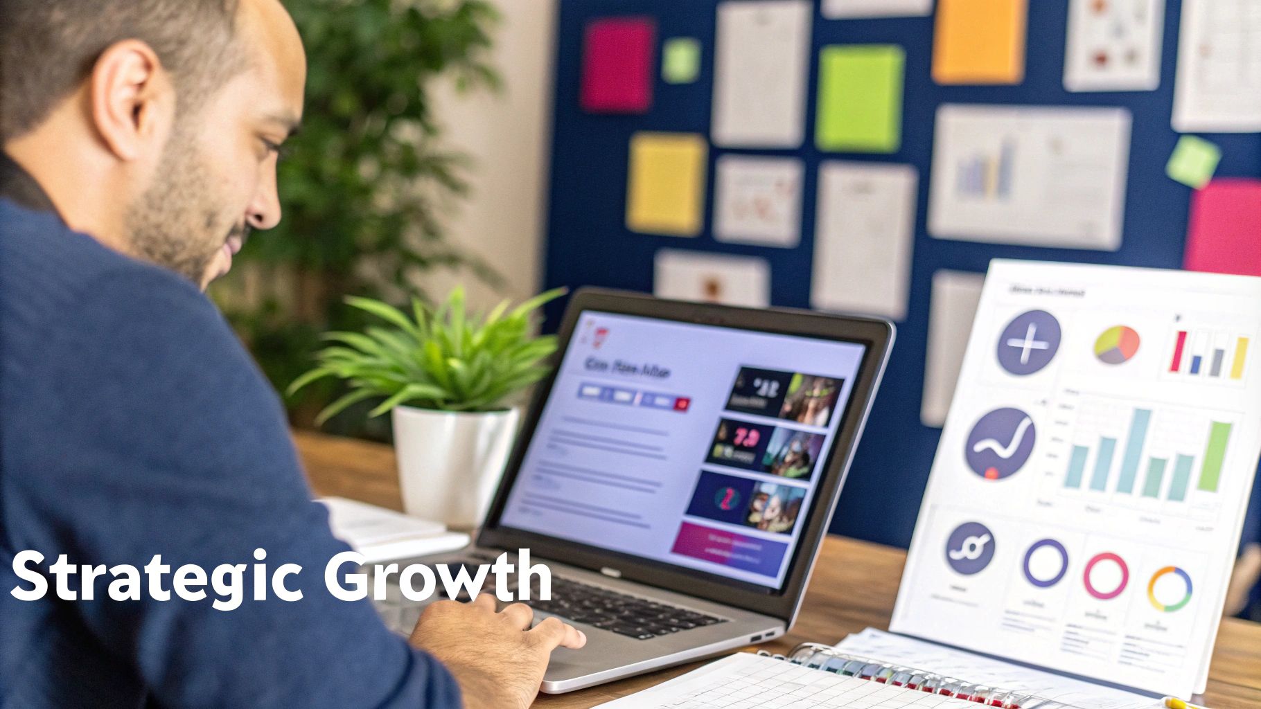 Man reviewing video analytics and charts on laptop at desk with plant decor
