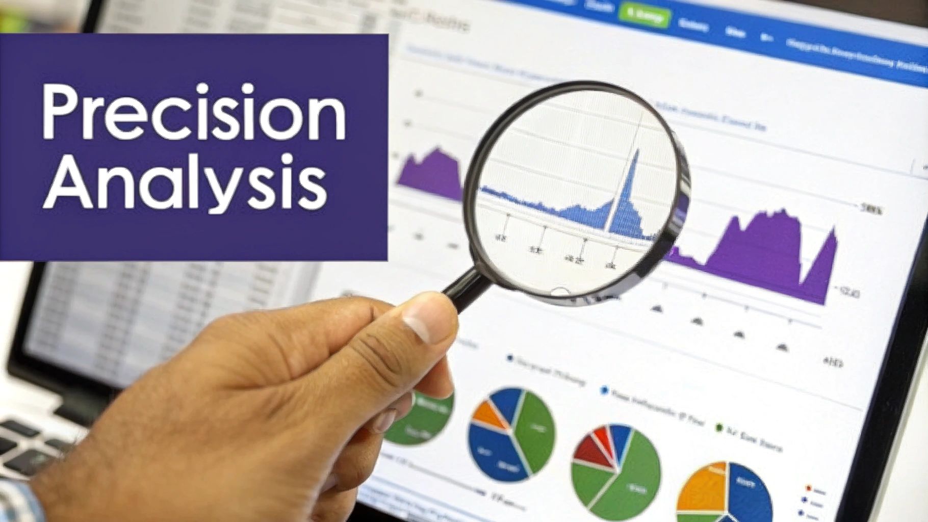 Magnifying glass examining precision analysis charts and graphs on computer dashboard