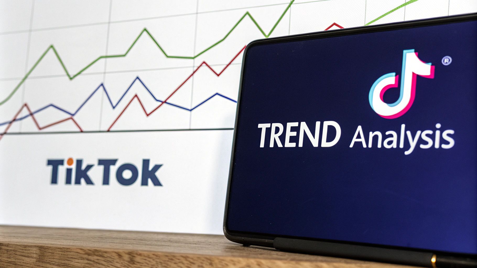 TikTok logo on smartphone displaying trend analysis with growth chart in background
