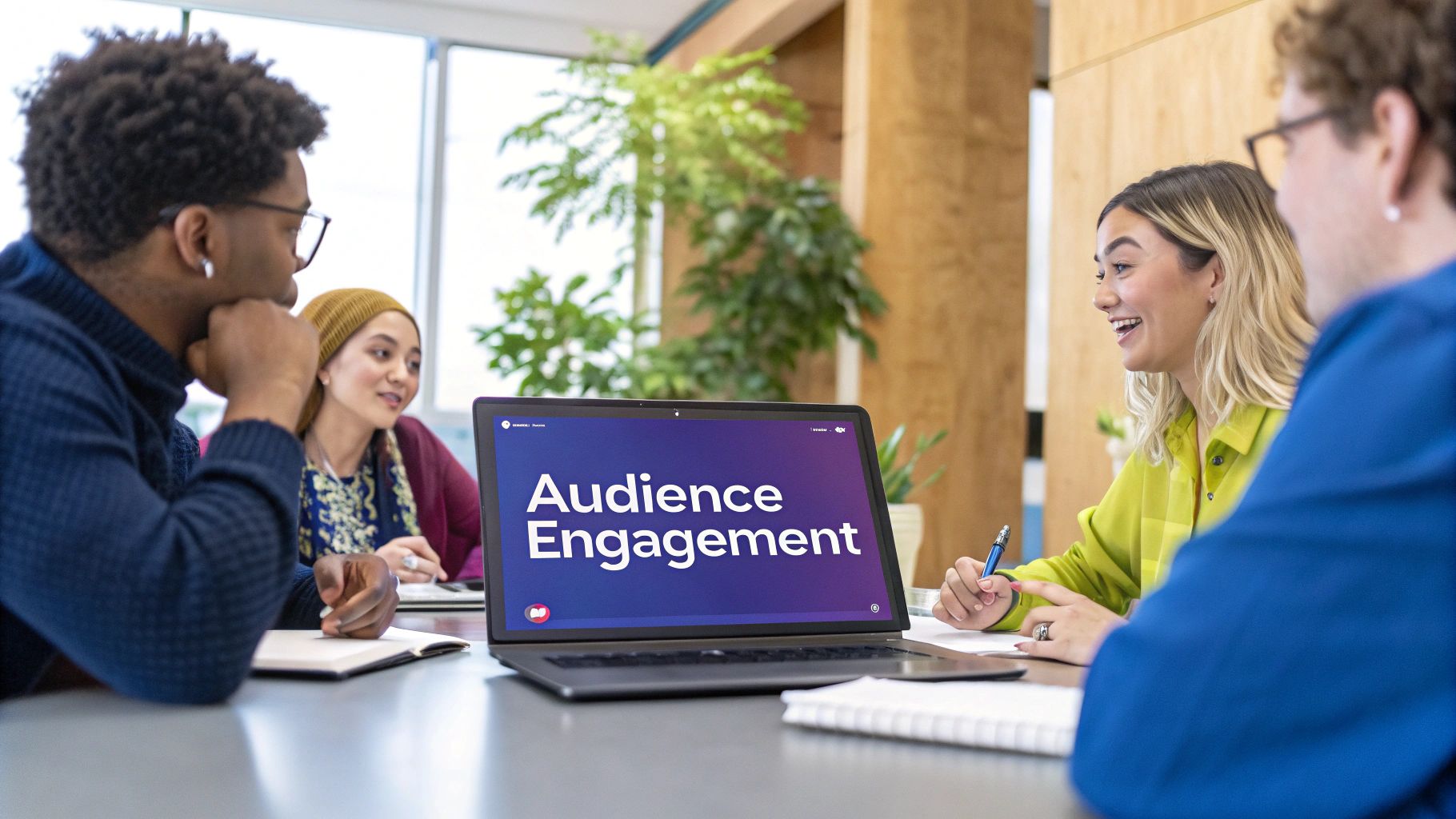 Team meeting around table with laptop displaying "Audience Engagement" on screen