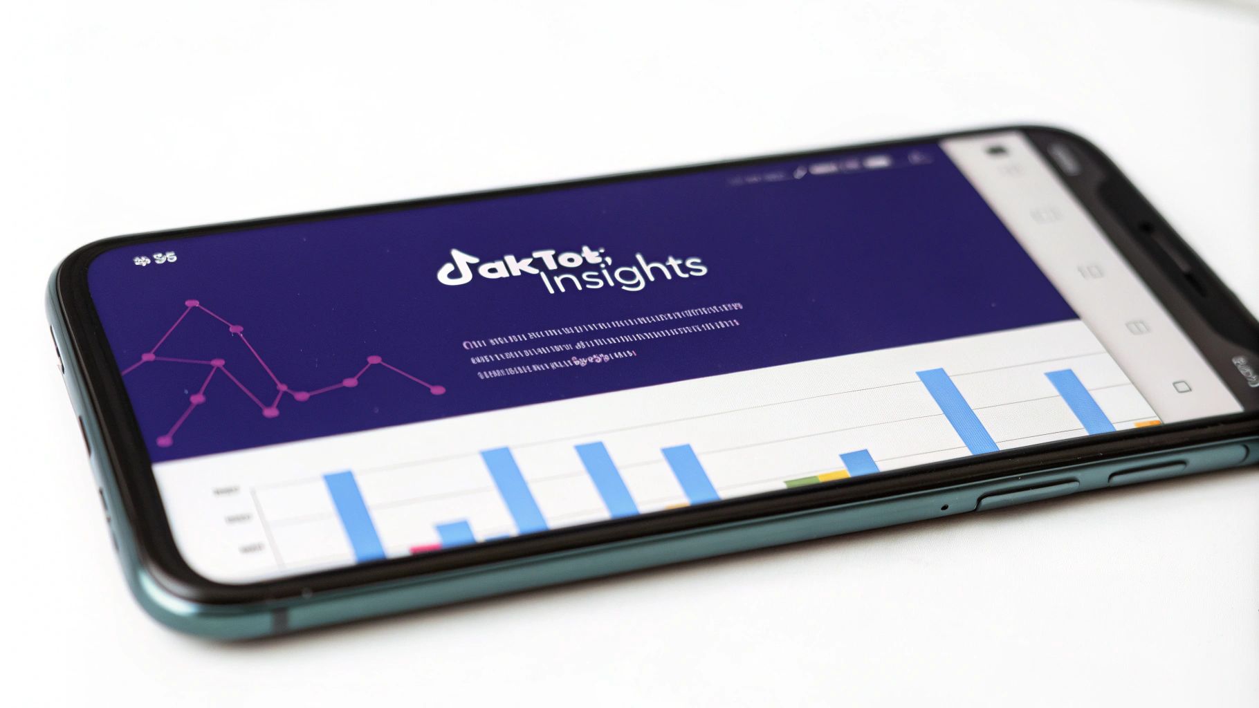 Smartphone displaying TakTok Insights dashboard with analytics graphs and charts
