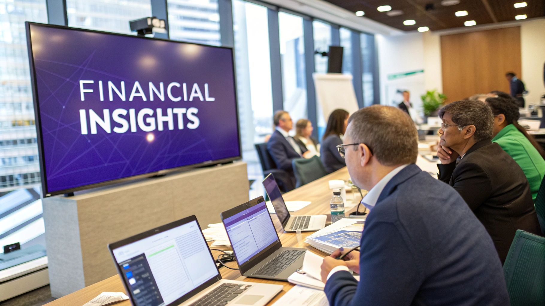 Business professionals watching presentation on "Financial Insights" displayed on screen in modern office conference room.