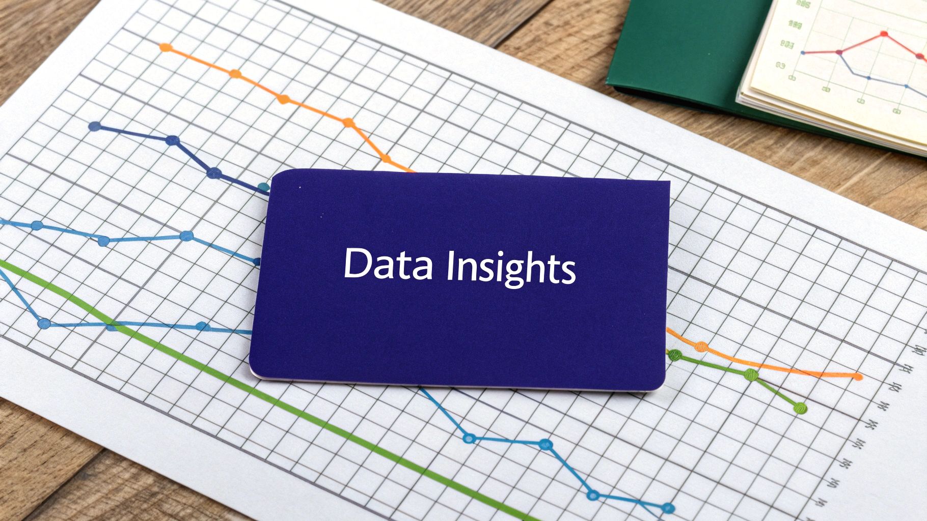 Dark blue card with "Data Insights" text on multi-colored line graph chart